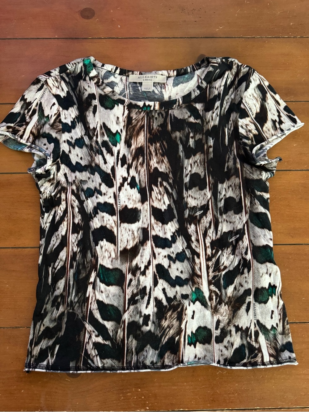 All Saints Women's Abstract Feather-Print Short Sleeve Top - Black/Green - Picture 1 of 9